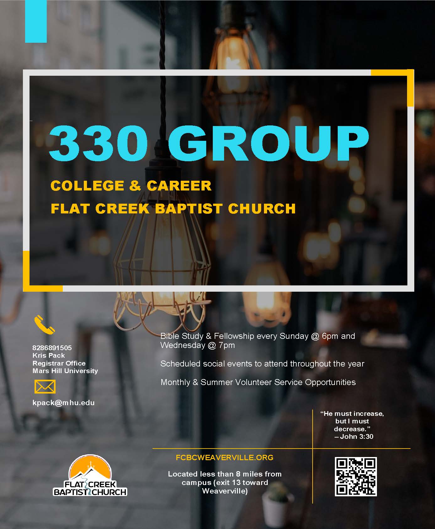 Bible study, Fun, Fellowship, Service Volunteer Opportunities @ Flat Creek Baptist Church 21 Flat Creek Church Rd, Weaverville - See flyer for days and times and scan qr code for more info