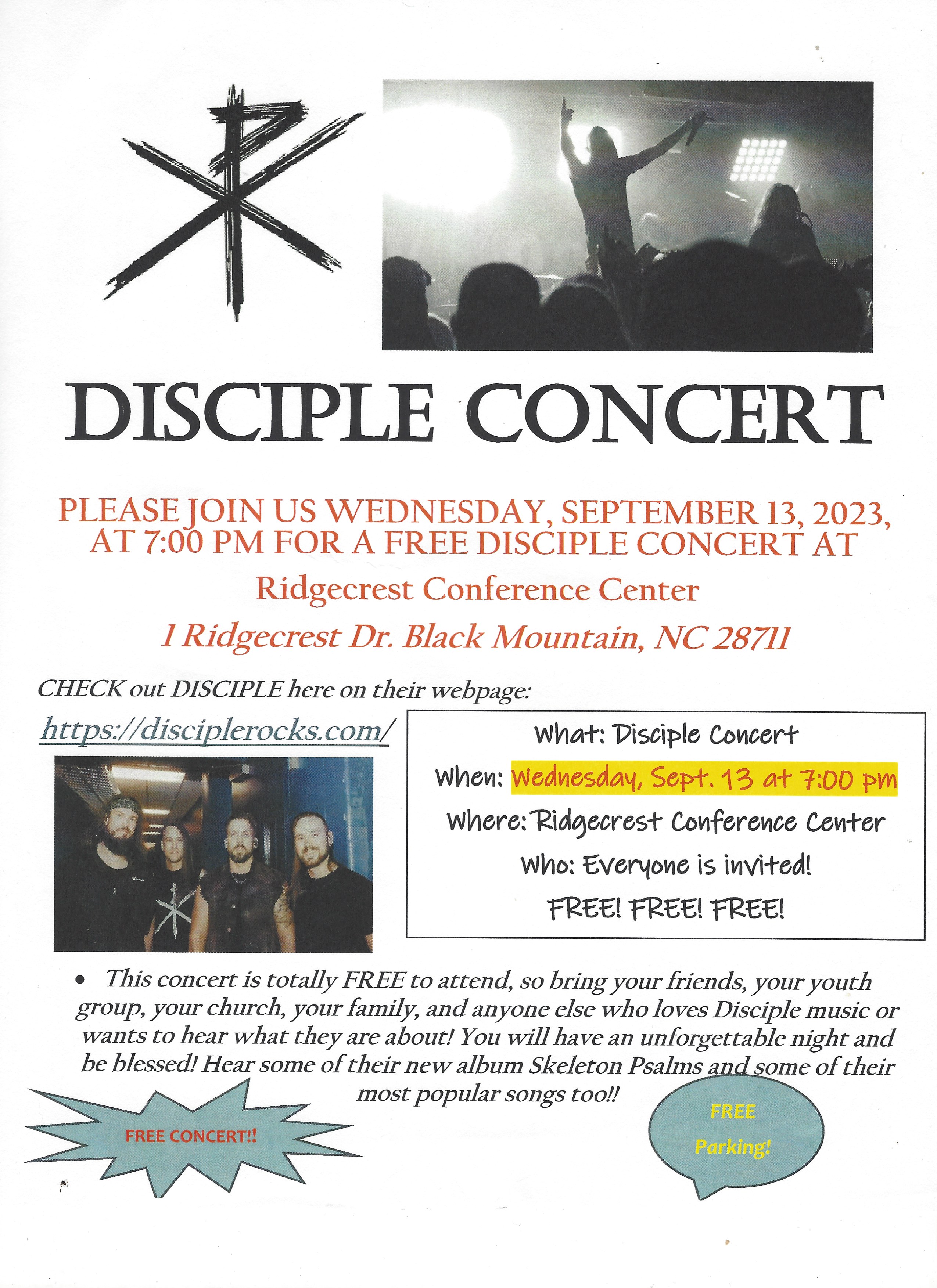 flyer for Disciple concert at Ridgecrest, September 13, 7pm. Free admission.
