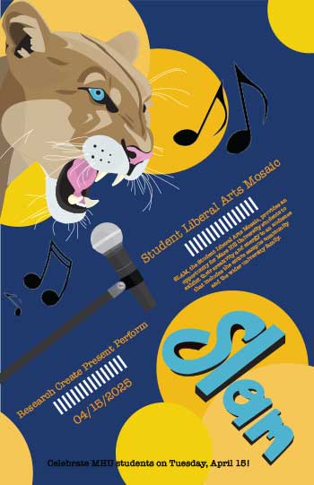slam program cover: blue background with gold/yellow overlapping circles; there is a lion head and some musical notes and other embellishments, along with the date 04/15/2025