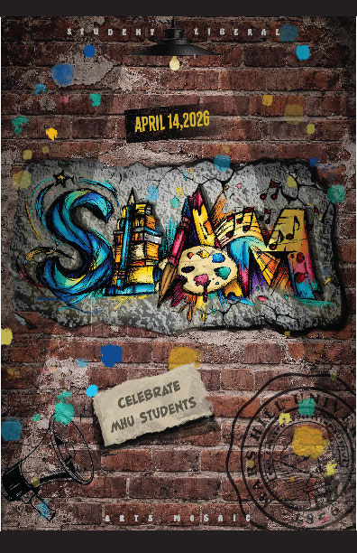 slam program cover: brick wall with stylized SLAM comprising books, art supplies, musical notes, etc.